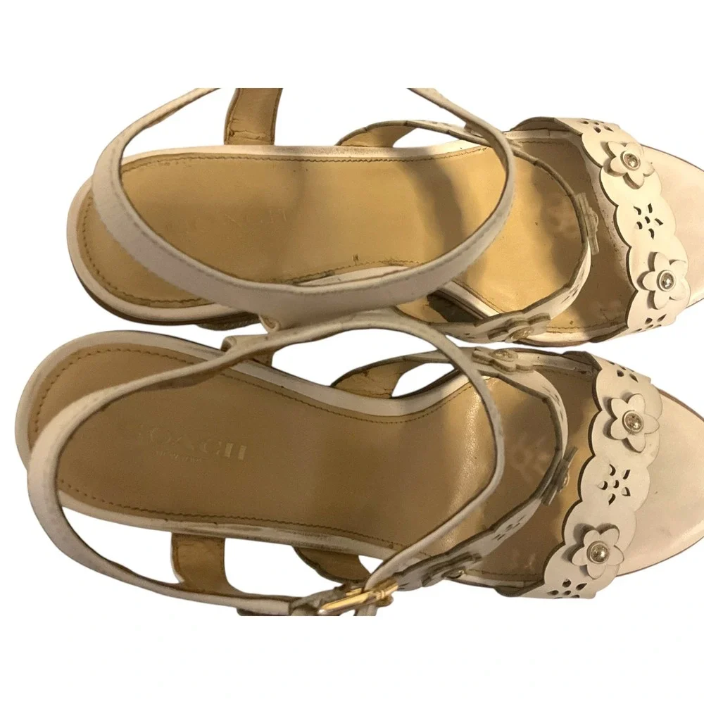 Coach Womens Chalk Leather Scalloped Floral Espadrille Wedge Sandals Size 9 B